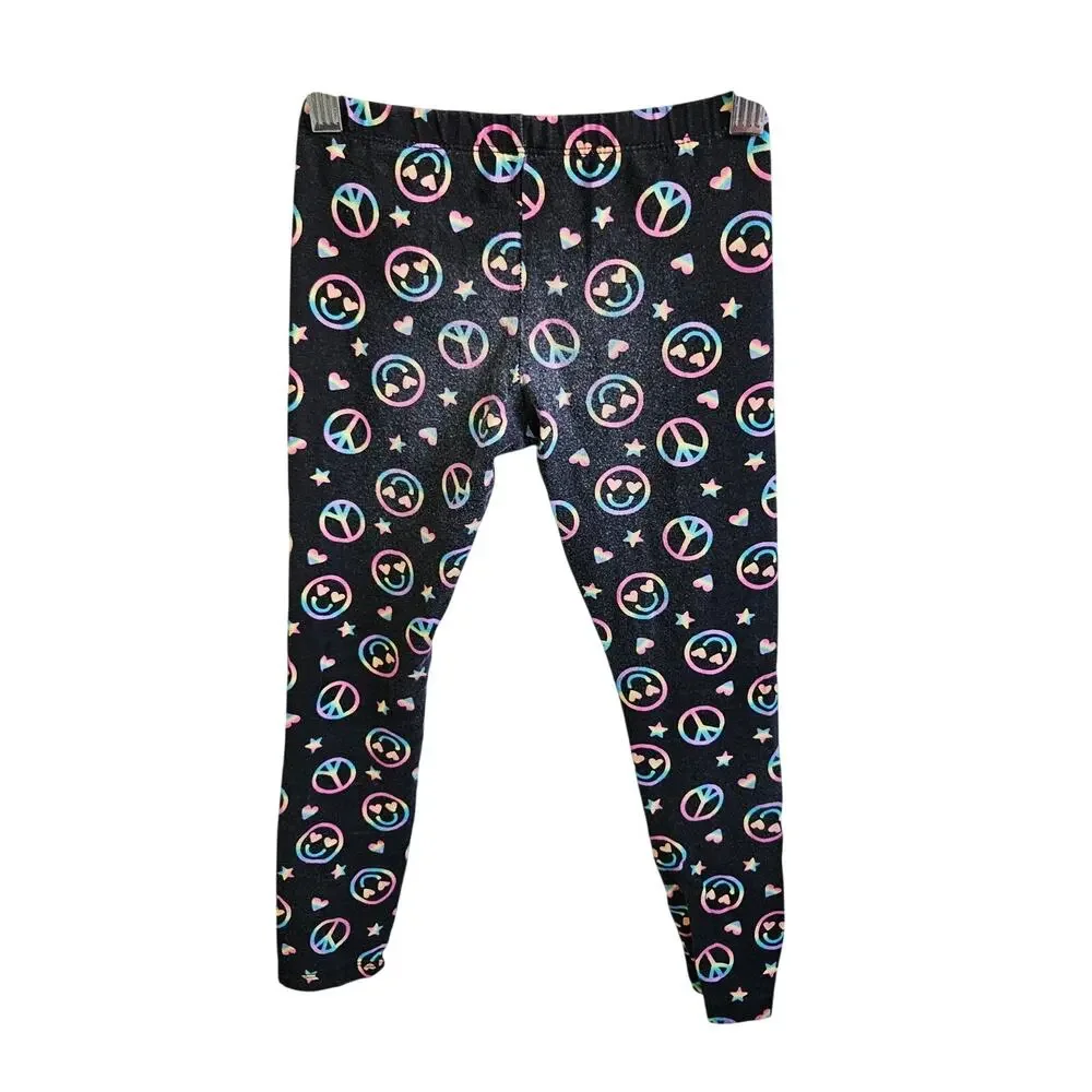 Children's Place Girls Size M Leggings Black Neon Rainbow Emoji Stars Peace Sign